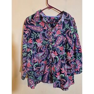 Chaps Womens 2X Navy Blue Paisley No Iron Button Down Shirt‎ 3/4 Sleeve Cotton